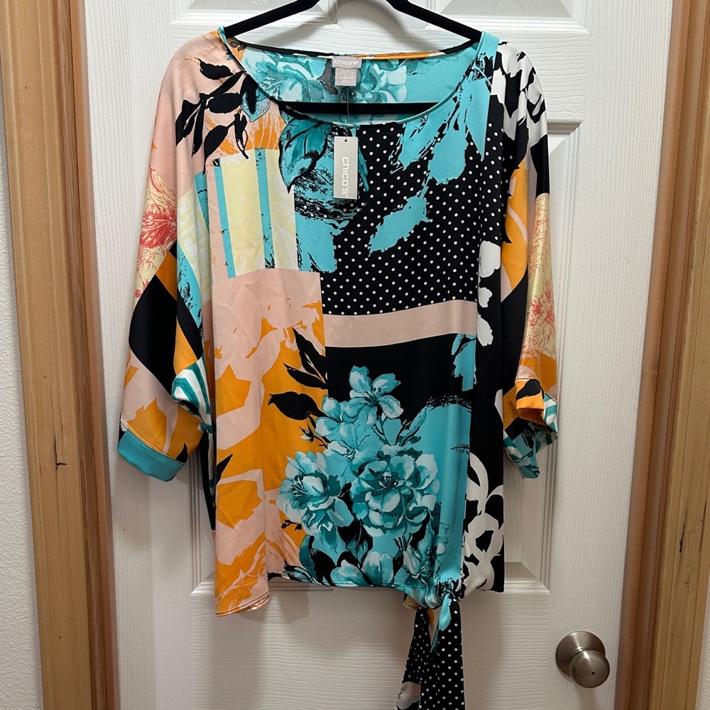 Women’s Chico's Teal, Black & Orange Mixed-Print Tie-Hem top